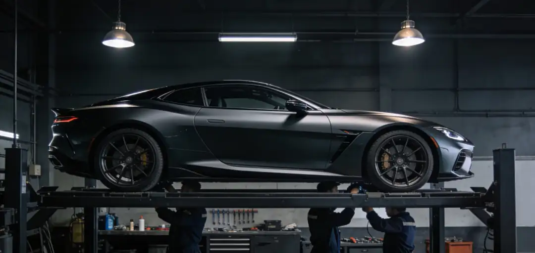 Sports car under repair in workshop